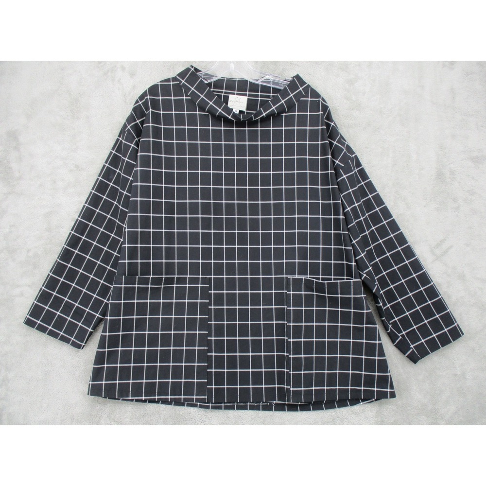 Spirithouse Top Womens Small Tunic Windowpane Pockets Boxy Relaxed Artsy‎ Black
